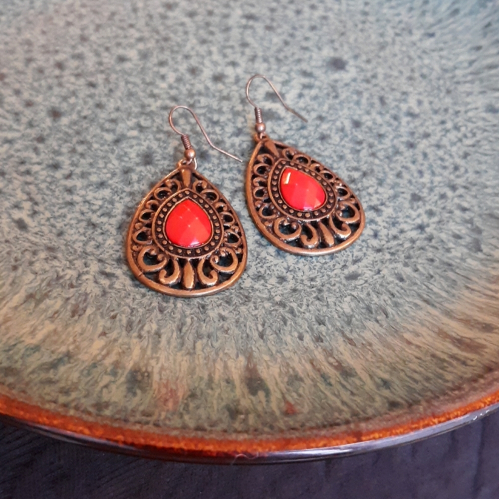 Coral and bronze earrings